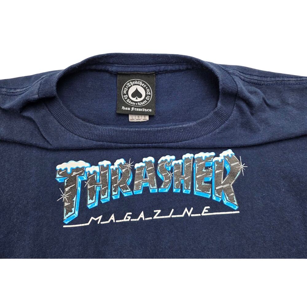 Thrasher Magazine Ice Logo Navy Graphic Tee Youth Large Skate Streetwear